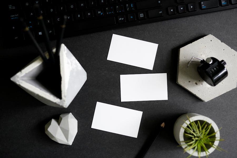 Business cards and stationery laid out for brand review